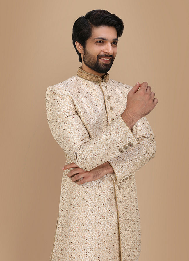 alt message - Manyavar Men Glamorous Cream Indo-Western Set image number 0